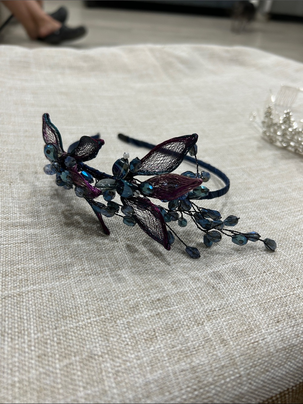 Handcrafted Navy Blue Floral Crystal Headband